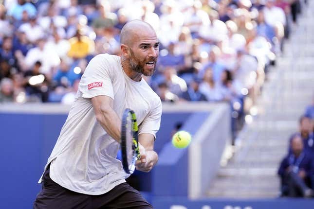 Sep 1, 2023; Flushing, NY, USA; Adrian Mannarino of France hits to Frances Tiafoe of the United States on day five of the 2023 U.S. Open tennis tournament at USTA Billie Jean King National Tennis Center.