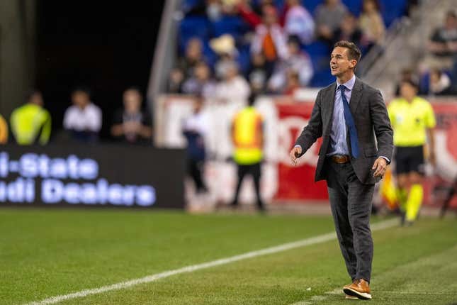 Sep 30, 2023; Harrison, New Jersey, USA; New York Red Bulls head coach Troy Lesesne reacts to a cal during the second half against Chicago Fire at Red Bull Arena.