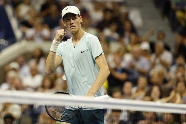 Sep 4, 2023; Flushing, NY, USA; Jannik Sinner of Italy reacts after winning a point against Alexander Zverev of Germany (not pictured) on day eight of the 2023 U.S. Open tennis tournament at USTA Billie Jean King National Tennis Center.