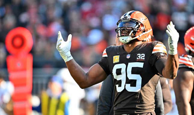 CLEVELAND, OHIO - NOVEMBER 05: Myles Garrett #95 of the Cleveland Browns reacts during the first quarter against the Arizona Cardinals at Cleveland Browns Stadium on November 05, 2023 in Cleveland, Ohio. (Photo by Jason Miller/Getty Images)