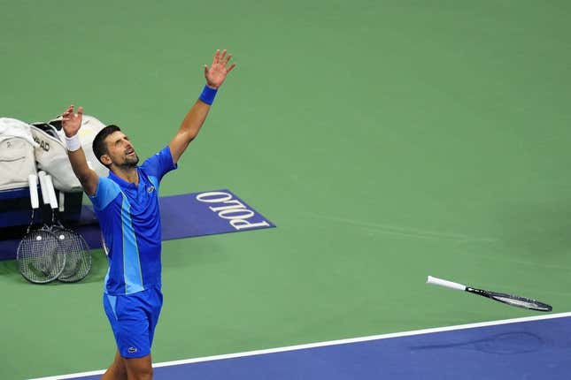 Sep 10, 2023; Flushing, NY, USA; Novak Djokovic of Serbia celebrates after his match against Daniil Medvedev (not pictured) in the men&#39;s singles final in the men&#39;s singles final in the men&#39;s singles final on day fourteen of the 2023 U.S. Open tennis tournament at USTA Billie Jean King National Tennis Center.